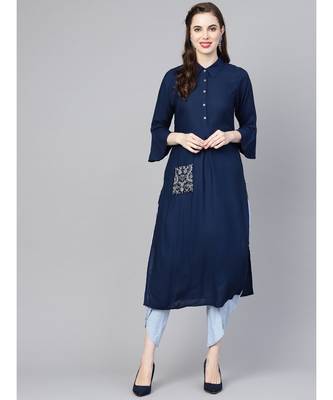 Indo Era Blue Embroidered Straight Kurtas 1