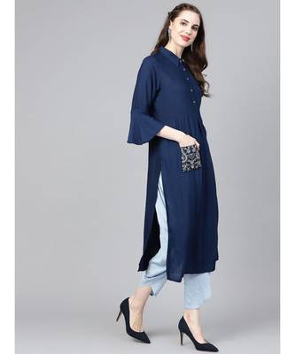 Indo Era Blue Embroidered Straight Kurtas 3