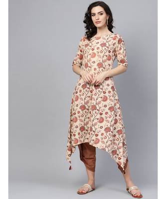 Indo Era Beige Printed Assymetrical A-Line Kurtas 1