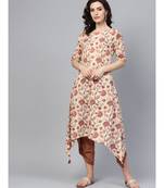 Indo Era Beige Printed Assymetrical A-Line Kurtas