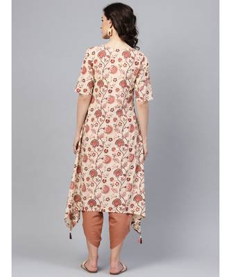 Indo Era Beige Printed Assymetrical A-Line Kurtas 2