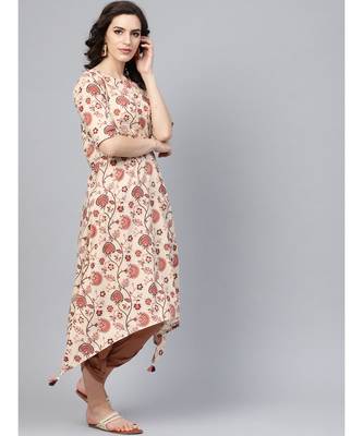 Indo Era Beige Printed Assymetrical A-Line Kurtas 3