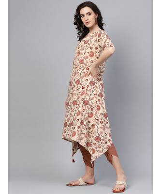 Indo Era Beige Printed Assymetrical A-Line Kurtas 4