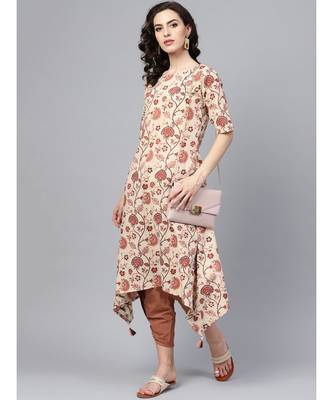 Indo Era Beige Printed Assymetrical A-Line Kurtas 5