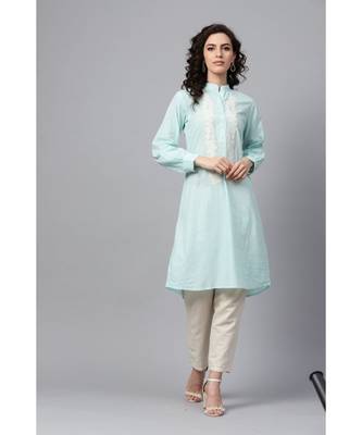 Indo Era Sea Green Embroidered Straight Kurtas 1