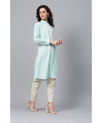 Indo Era Sea Green Embroidered Straight Kurtas 4