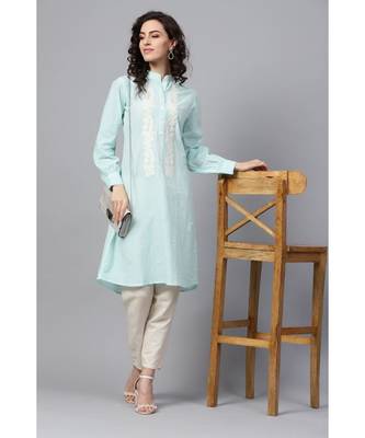 Indo Era Sea Green Embroidered Straight Kurtas 5