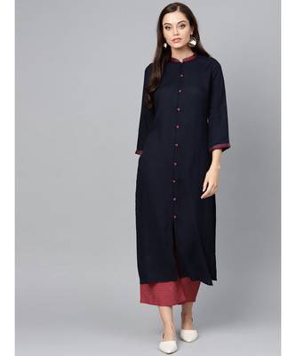 Indo Era Navy Blue Embroidered Straight Kurtas 1