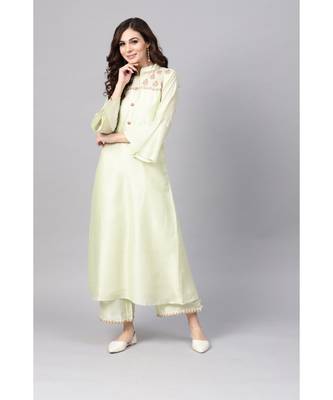 Indo Era Green Embroidered Chanderi A-Line Kurtas 1
