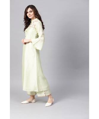 Indo Era Green Embroidered Chanderi A-Line Kurtas 2