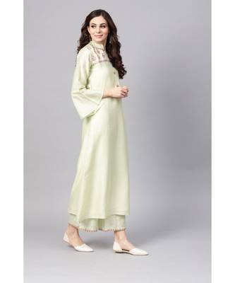 Indo Era Green Embroidered Chanderi A-Line Kurtas 3