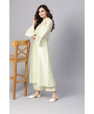 Indo Era Green Embroidered Chanderi A-Line Kurtas 4