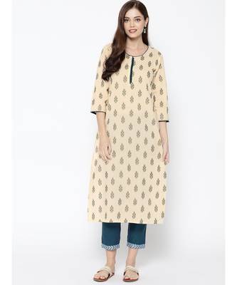 Indo Era Cream Foil Printed Straight Kurtas 1