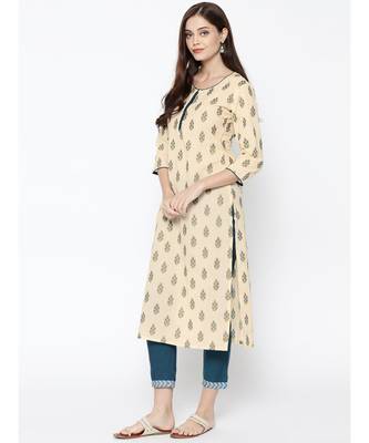 Indo Era Cream Foil Printed Straight Kurtas 2