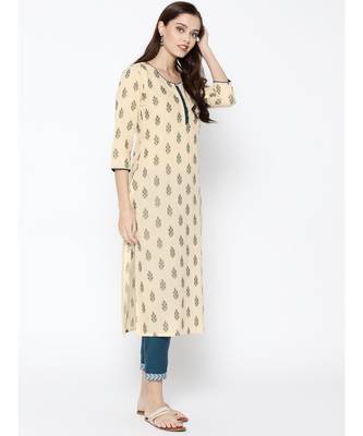 Indo Era Cream Foil Printed Straight Kurtas 3