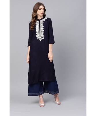 Indo Era Navy Blue Embroidered Straight Kurtas 1