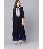 Indo Era Navy Blue Embroidered Straight Kurtas