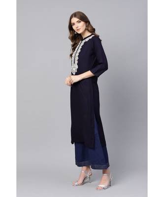 Indo Era Navy Blue Embroidered Straight Kurtas 2