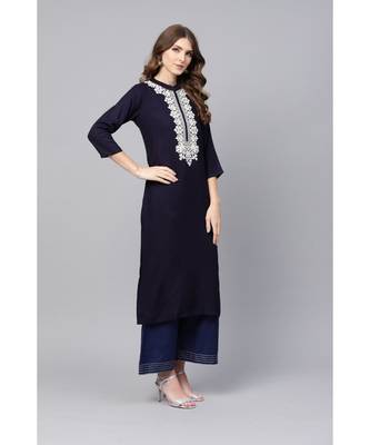 Indo Era Navy Blue Embroidered Straight Kurtas 3
