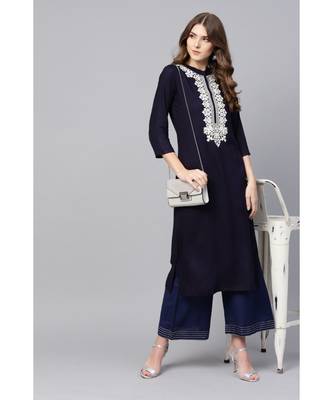 Indo Era Navy Blue Embroidered Straight Kurtas 5