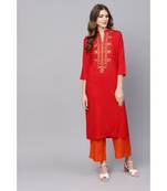 Indo Era Red Embroidered Straight Kurtas