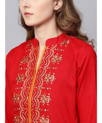 Indo Era Red Embroidered Straight Kurtas 4