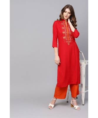 Indo Era Red Embroidered Straight Kurtas 5
