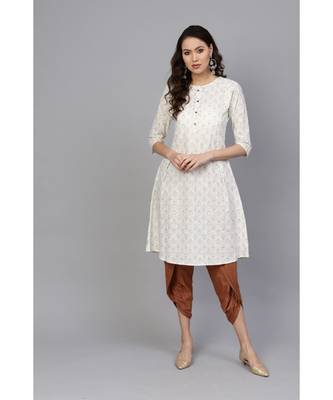 Indo Era Off White Foil Printed A-Line Kurtas 1