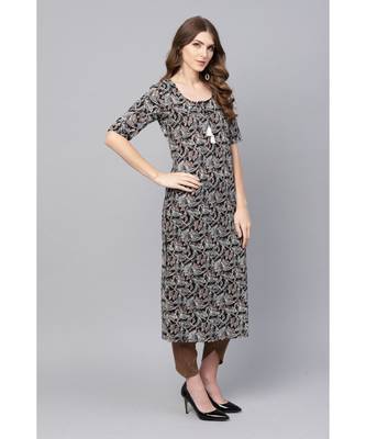 Indo Era Black Floral Printed Straight Kurtas 3