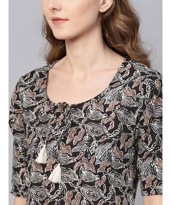 Indo Era Black Floral Printed Straight Kurtas 4