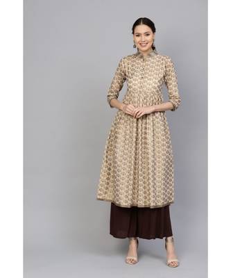 Indo Era Beige Printed A Lilne Kurtas 1