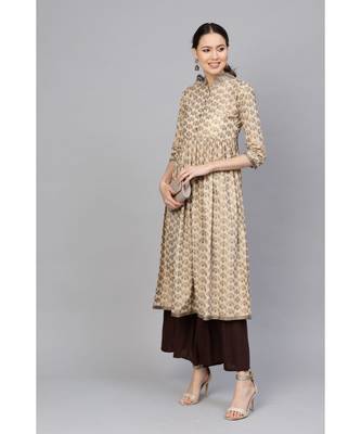 Indo Era Beige Printed A Lilne Kurtas 3