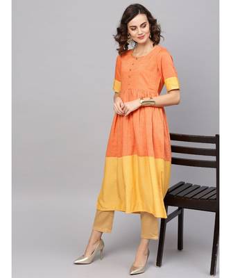 Indo Era Orange Solid A-Line Kurtas 3