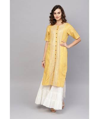 Indo Era Yellow Embroidered Straight Kurtas 2