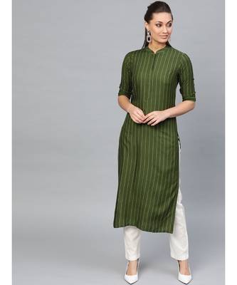 Indo Era Green Striped Straight Kurtas 1