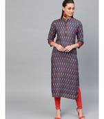 Indo Era Navy Blue Printed Straight Kurtas
