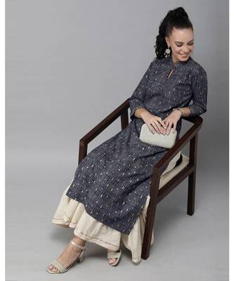 Indo Era Blue Foil Printed Straight Kurtas 1