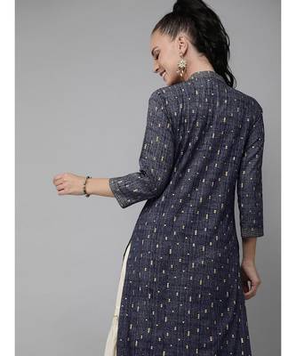 Indo Era Blue Foil Printed Straight Kurtas 3