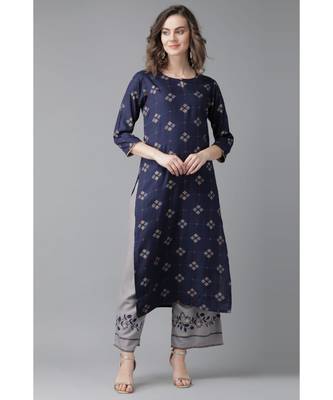 Indo Era Blue Printed Straight Kurtas 1