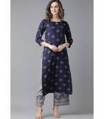 Indo Era Blue Printed Straight Kurtas