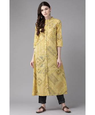 Indo Era Yellow Foil Printed A-Line Kurtas 1