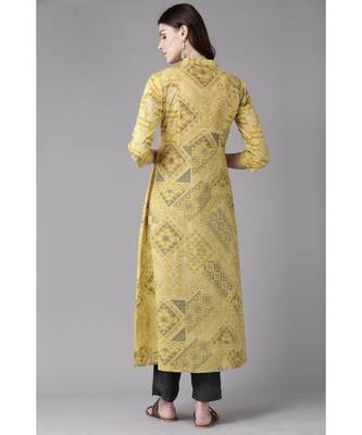 Indo Era Yellow Foil Printed A-Line Kurtas 2