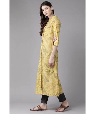 Indo Era Yellow Foil Printed A-Line Kurtas 3