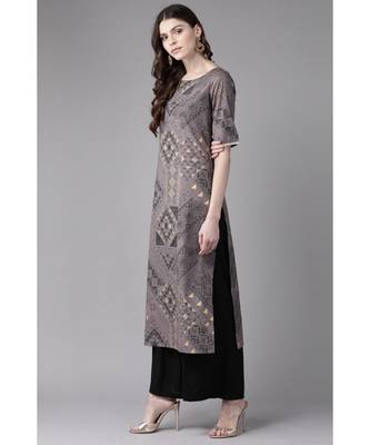 Indo Era Grey Foil Printed Satright Kurtas 3