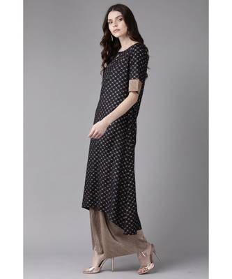 Indo Era Navy Blue Foil Printed A-Line Kurtas 3