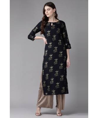 Indo Era Navy Blue Foil Printed Straight Kurtas 1