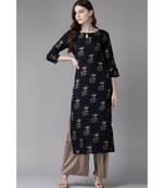 Indo Era Navy Blue Foil Printed Straight Kurtas