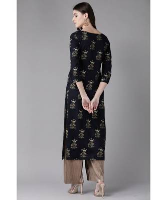 Indo Era Navy Blue Foil Printed Straight Kurtas 2