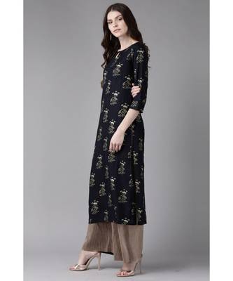 Indo Era Navy Blue Foil Printed Straight Kurtas 3