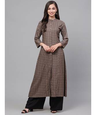 Indo Era Grey Foil Printed A-Line Kurtas 1